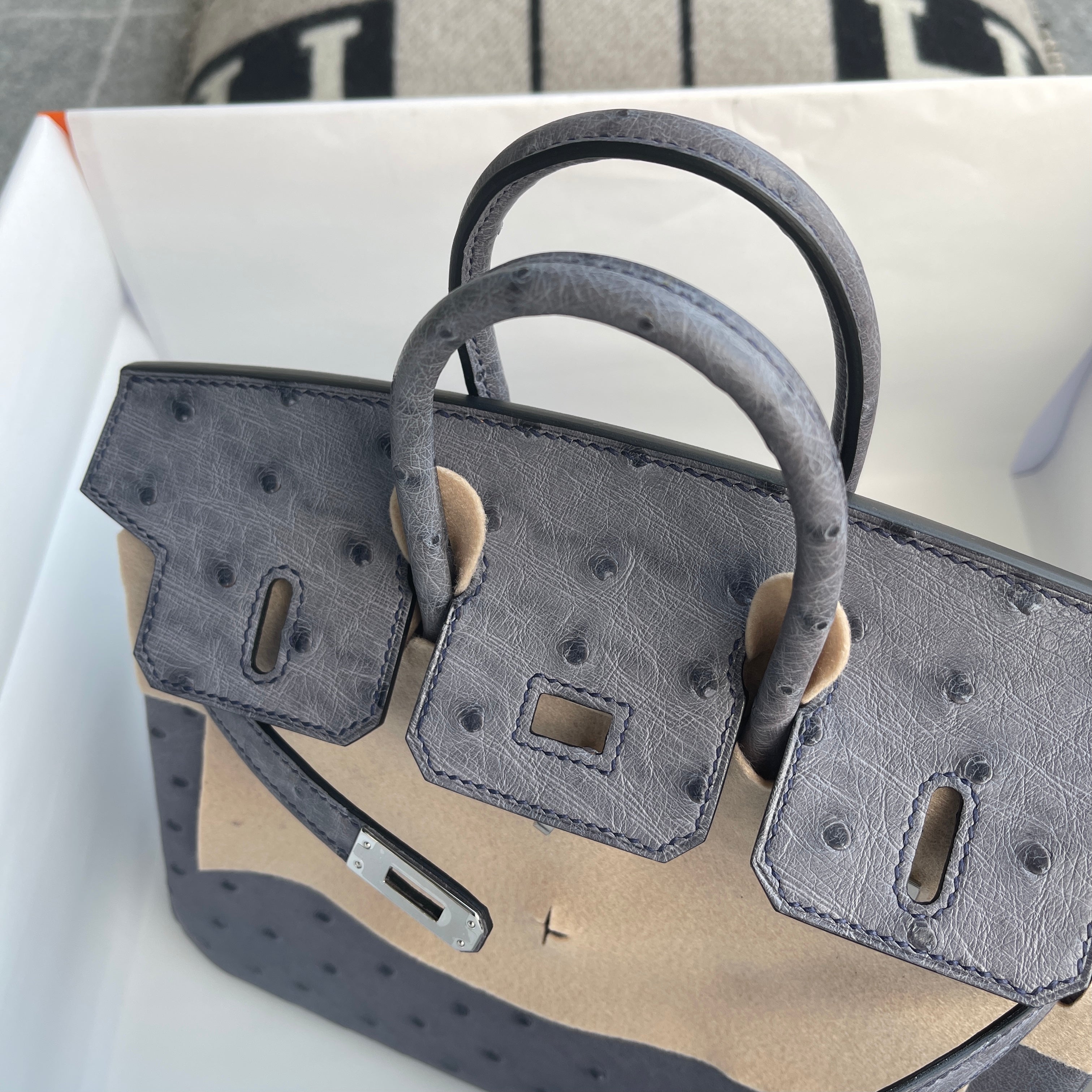 BIRKIN 25 OSTRICH LEATHER GRIS AGATE WITH PALLADIUM HARDWARE (PHW)