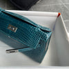 KELLY POCHETTE SHINY (LISSE) MISSISSIPPIENSIS ALLIGATOR LEATHER BLEU IZMIR WITH PALLADIUM HARDWARE (PHW)