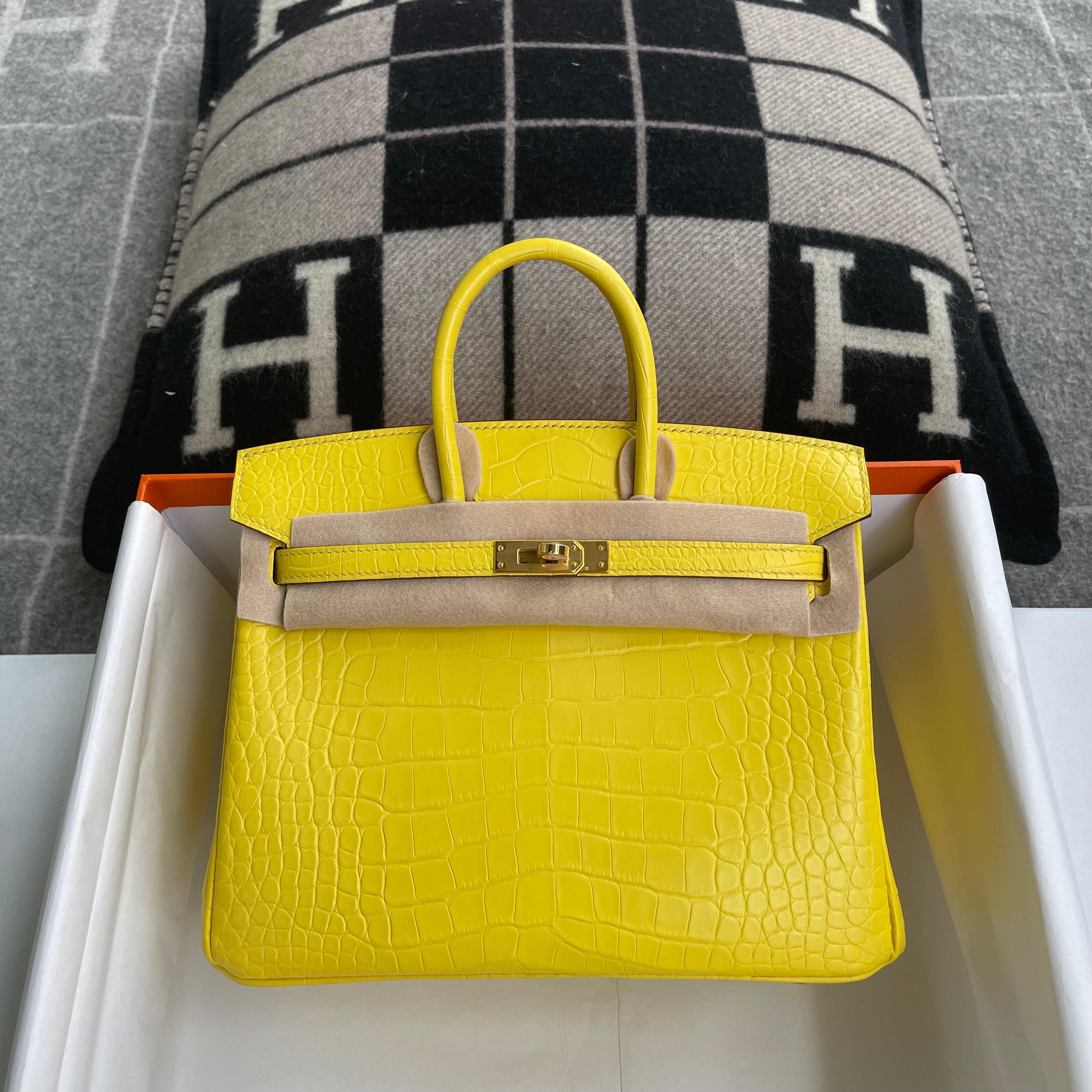 BIRKIN 25 MATTE MISSISSIPPIENSIS ALLIGATOR LEATHER MIMOSA WITH GOLD HARDWARE (GHW)