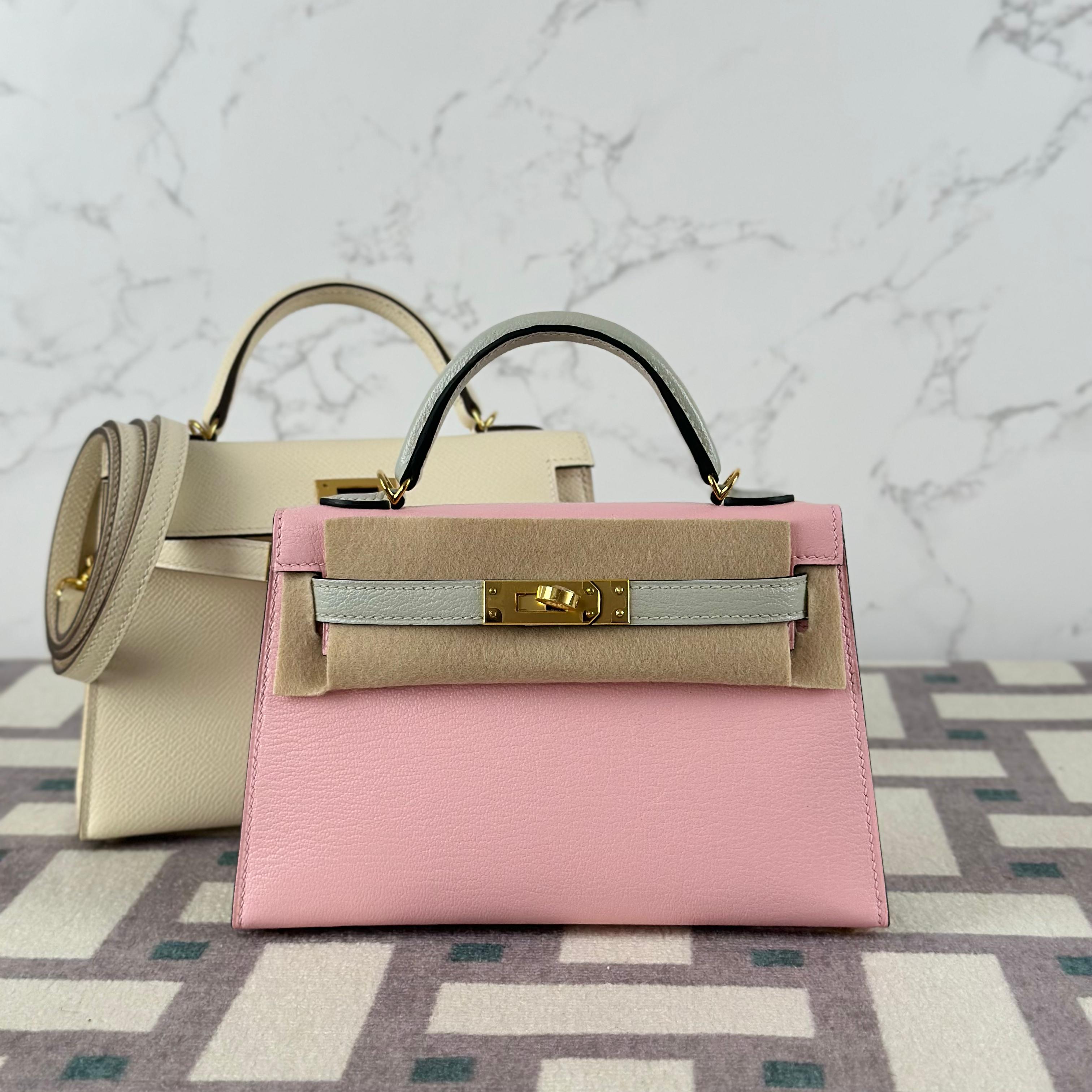 MINI KELLY II (20) CHEVRE LEATHER HSS ROSE SAKURA & GRIS PERLE WITH GOLD HARDWARE (GHW)