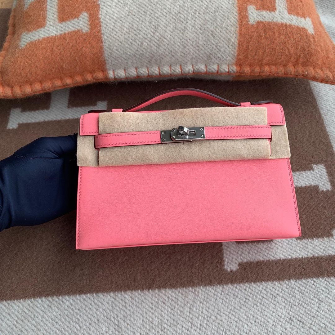 KELLY POCHETTE SWIFT LEATHER ROSE D'ETE WITH PALLADIUM HARDWARE (PHW)