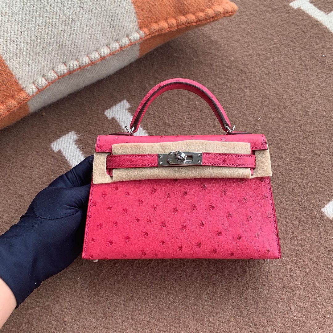 MINI KELLY II (20) OSTRICH LEATHER ROSE EXTREME WITH PALLADIUM HARDWARE (PHW)