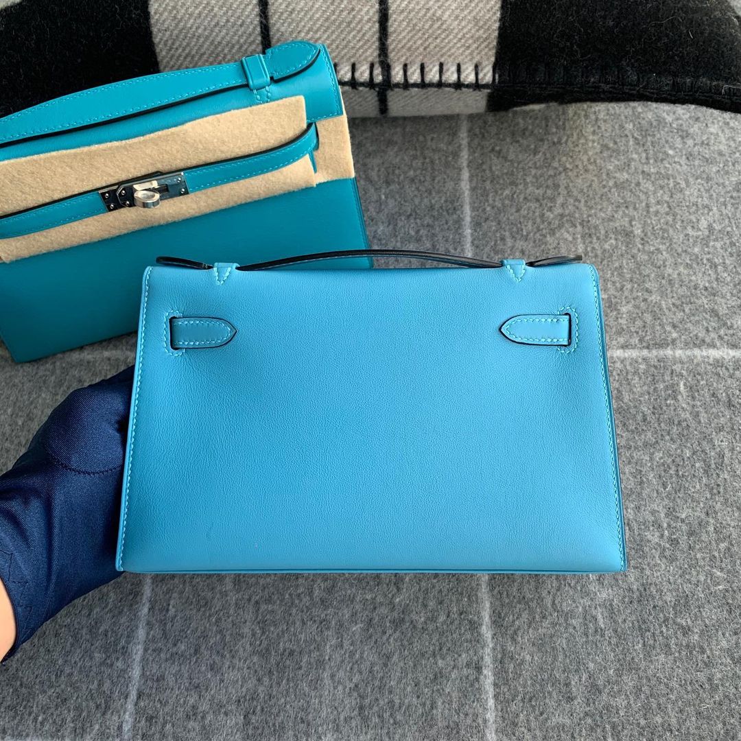 KELLY POCHETTE SWIFT LEATHER BLEU DU NORD WITH PALLADIUM HARDWARE (PHW)