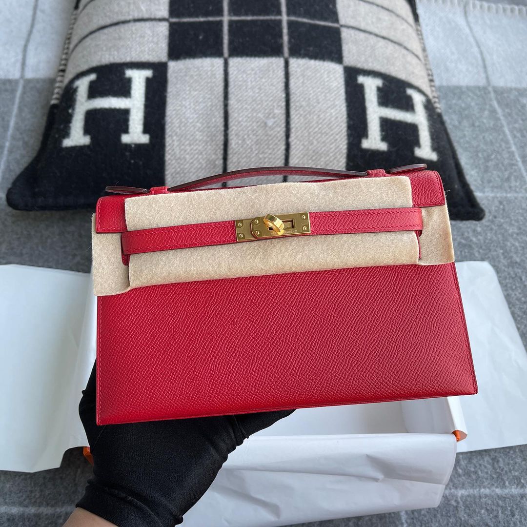 KELLY POCHETTE EPSOM LEATHER ROUGE CASAQUE WITH GOLD HARDWARE (GHW)