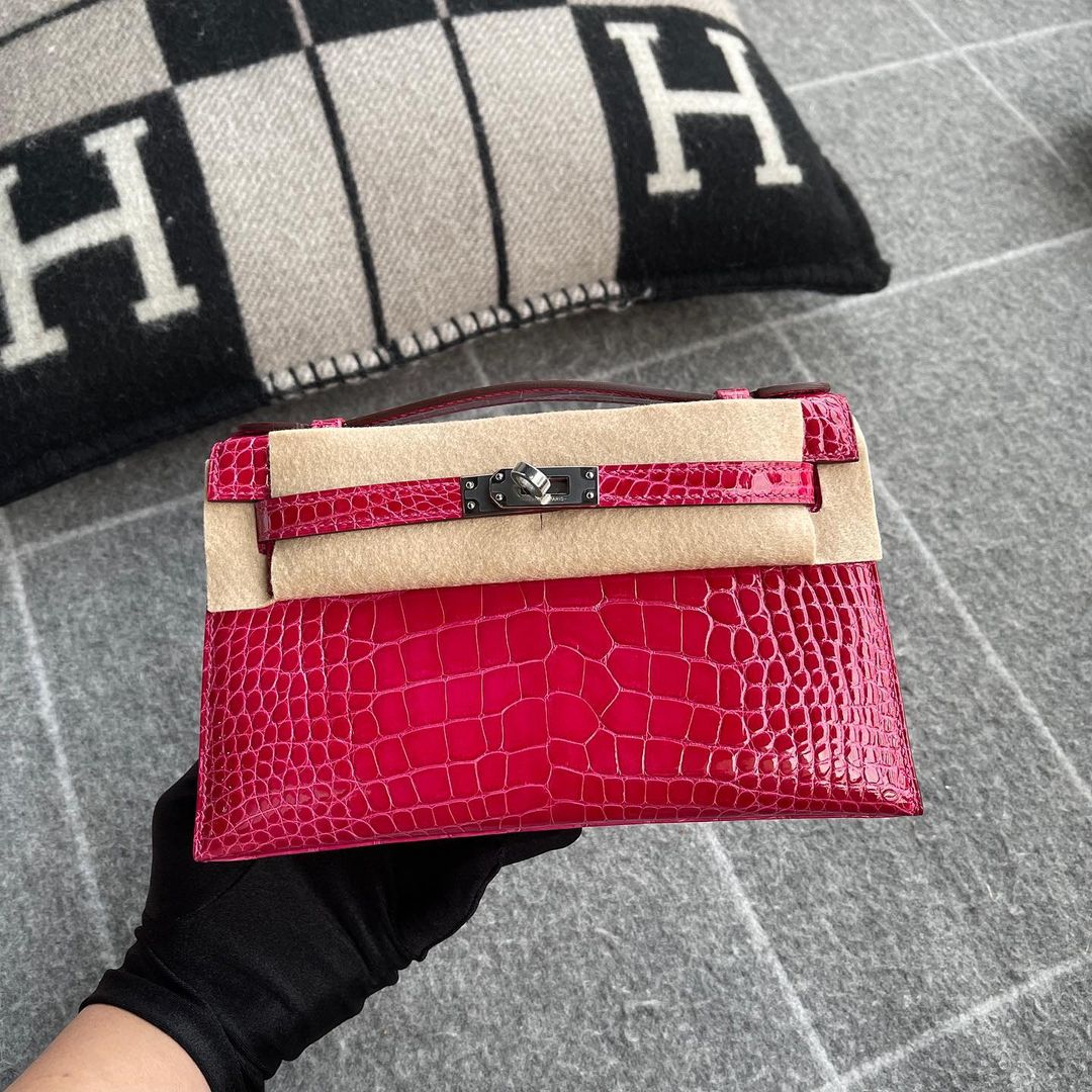 KELLY POCHETTE SHINY MISSISSIPPIENSIS ALLIGATOR LEATHER ROSE EXTREME WITH PALLADIUM HARDWARE (PHW)