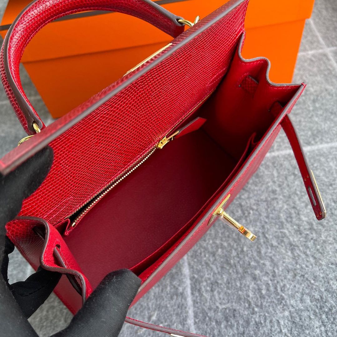 KELLY 25 LIZARD LEATHER ROUGE WITH GOLD HARDWARE (GHW)