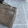 KELLY POCHETTE SHINY MISSISSIPPIENSIS ALLIGATOR LEATHER GRIS TOURTERELLE WITH GOLD HARDWARE (GHW)