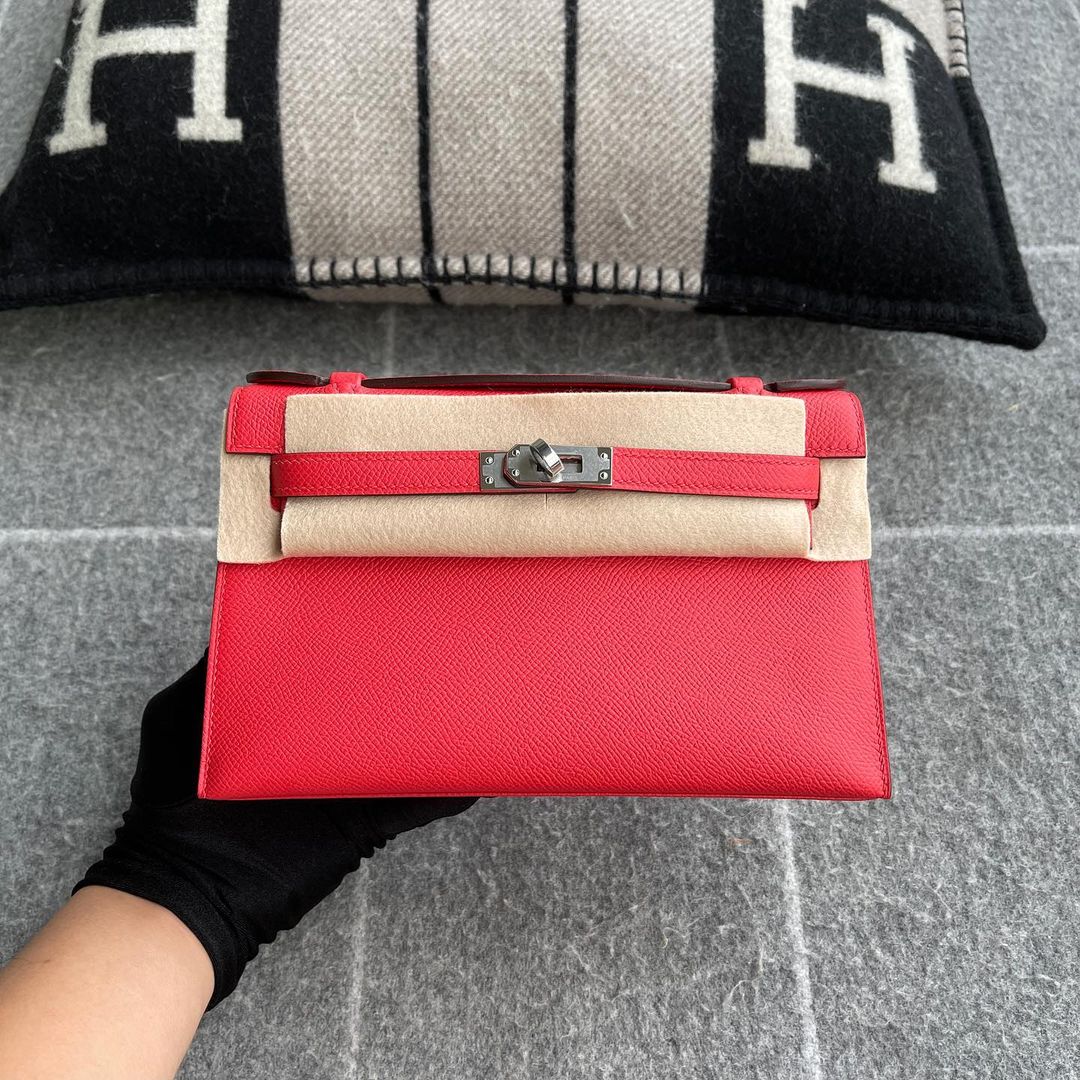 KELLY POCHETTE EPSOM LEATHER ROUGE TOMATE WITH PALLADIUM HARDWARE (PHW)