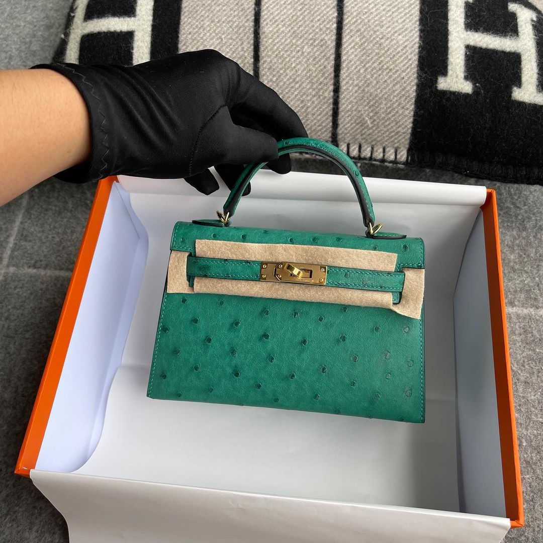 MINI KELLY II (20) OSTRICH LEATHER VERT VERTIGO WITH GOLD HARDWARE (GHW)