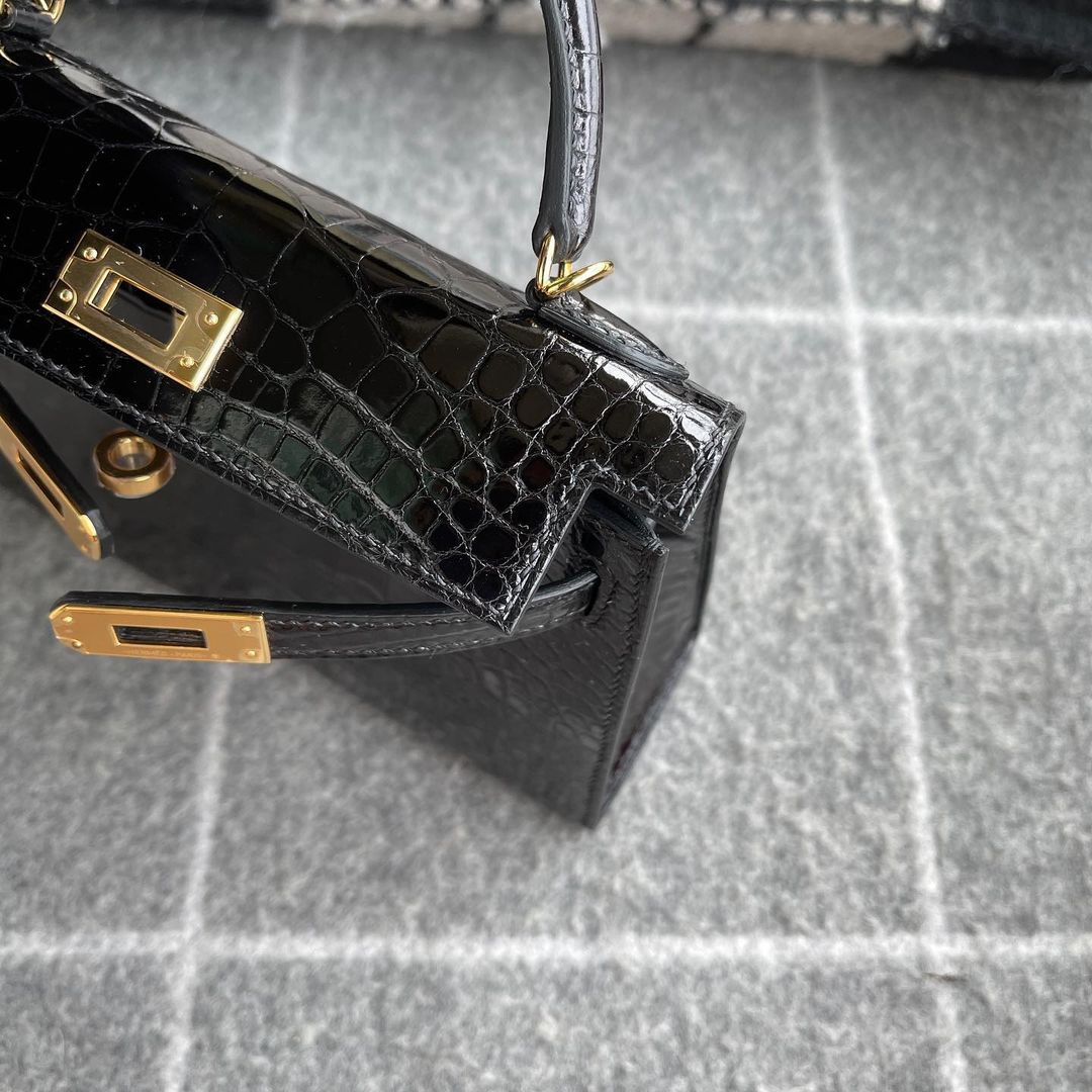 MINI KELLY II (20) SHINY MISSISSIPPIENSIS ALLIGATOR LEATHER NOIR (BLACK) WITH GOLD HARDWARE (GHW)