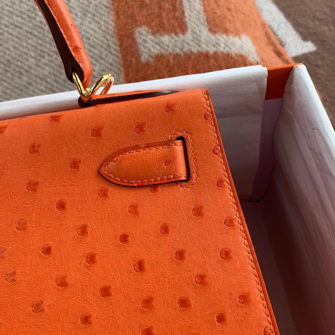 KELLY 28 OSTRICH LEATHER TANGERINE (ORANGE) WITH GOLD HARDWARE (GHW)