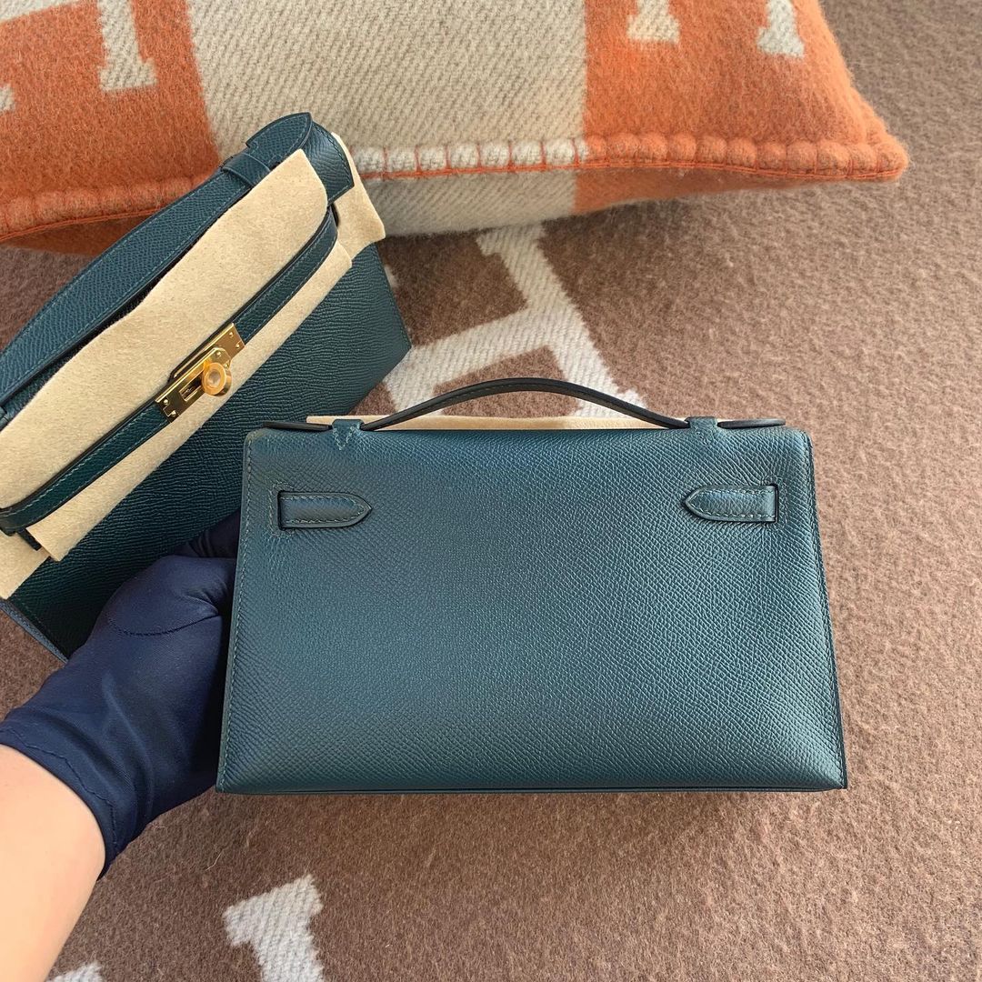 KELLY POCHETTE EPSOM LEATHER VERT CYPRESS  WITH PALLADIUM HARDWARE (PHW)